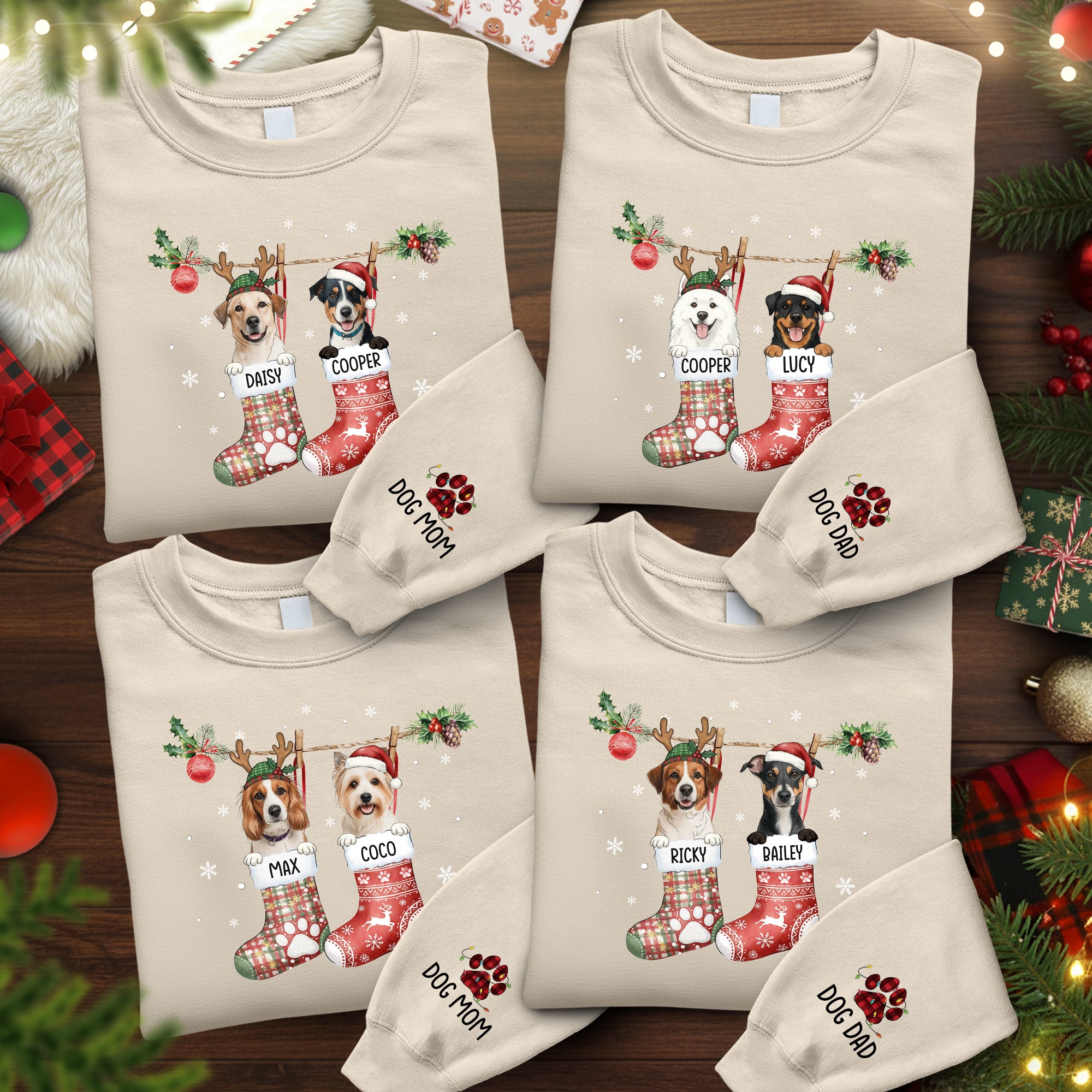 Custom Pet Christmas Stocking Sweatshirt – Personalized Two Dogs Holiday Crewneck Gift for Dog Moms