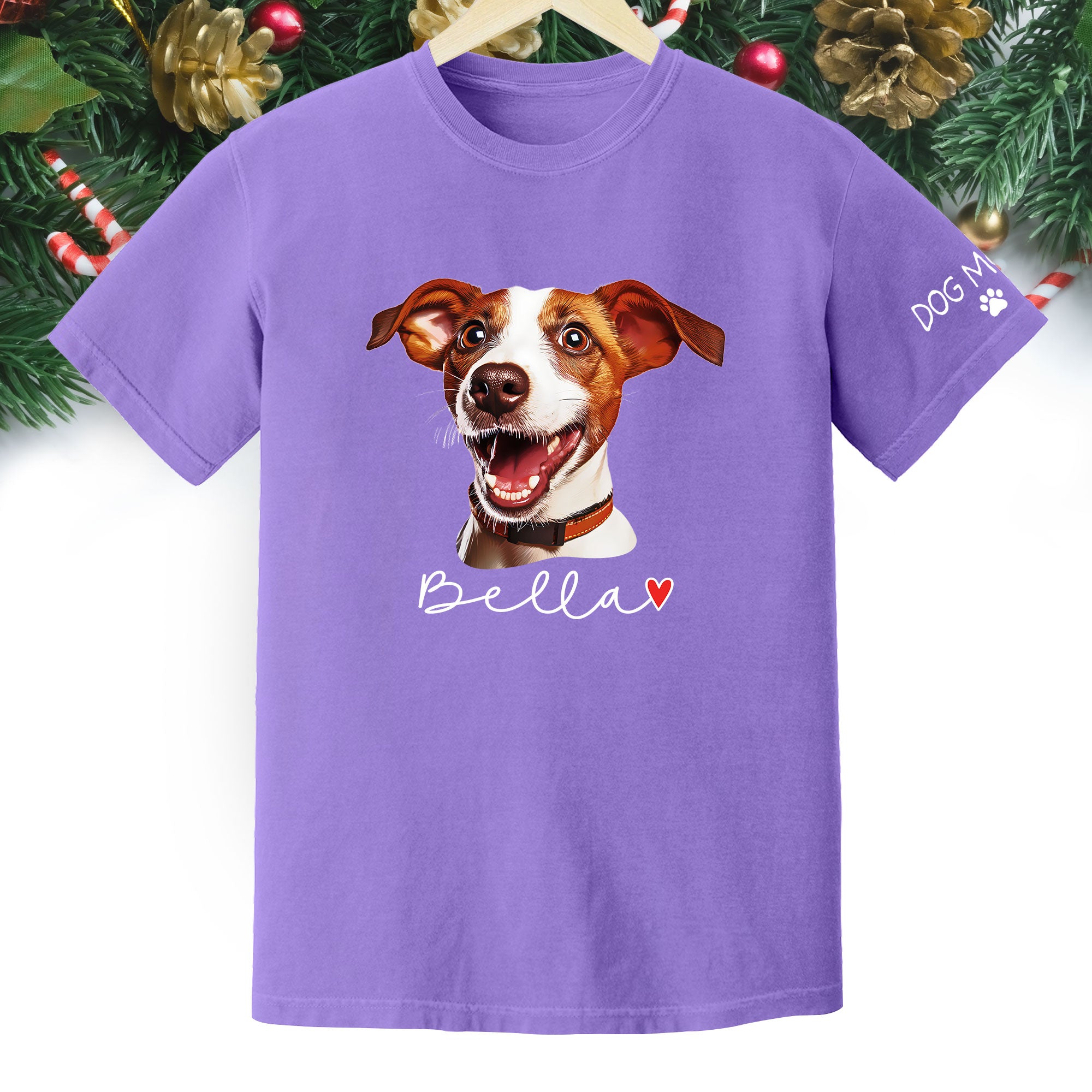 Dog Mom Christmas Shirt – Custom Pet Portrait Tee, Personalized Holiday Gift for Women