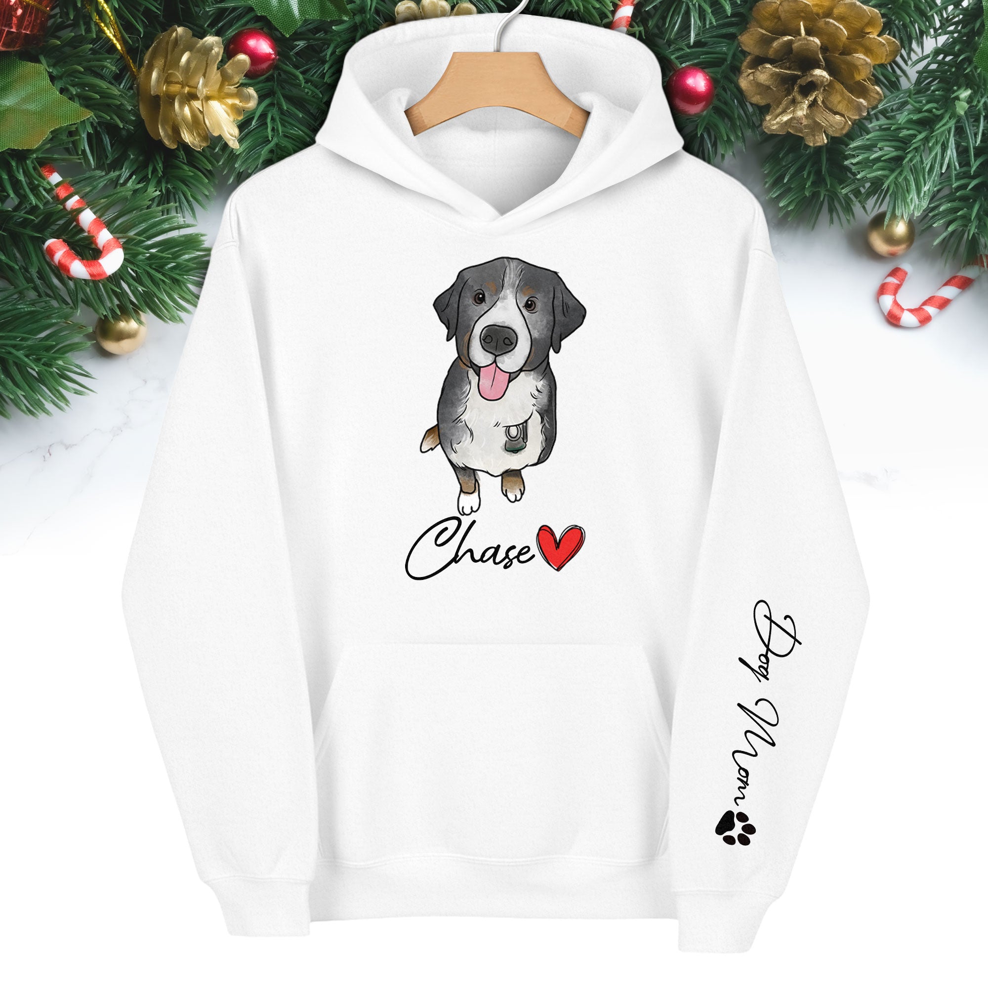 Custom Pet Portrait Hoodie– Dog Name Printed with Heart, Perfect Gift for Dog Lovers