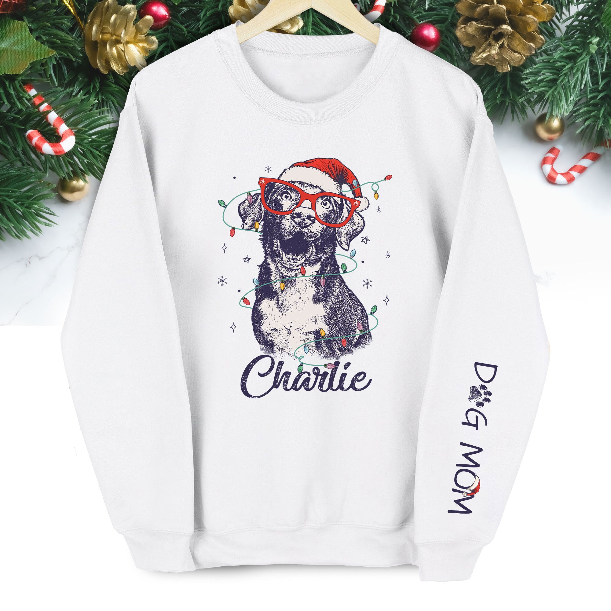 Custom Christmas Pet Portrait Sweatshirt – Personalized Dog Mom Gift – Holiday Pet Illustration