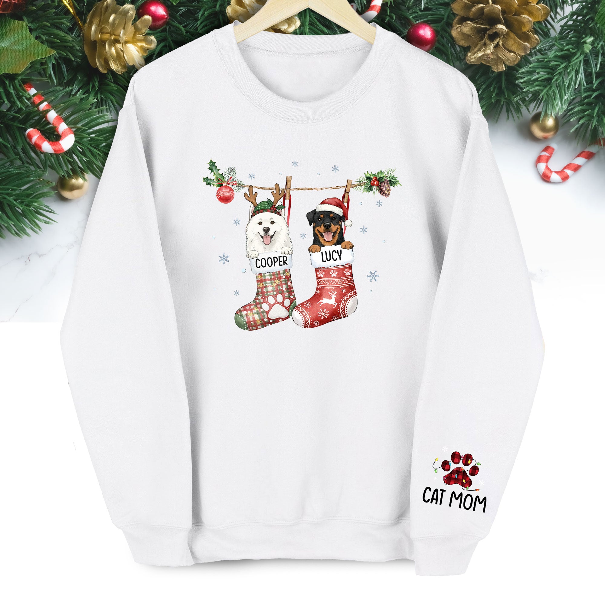 Custom Cats Christmas Sweatshirt – Personalized Pet Stocking Holiday Gift for Cat Moms