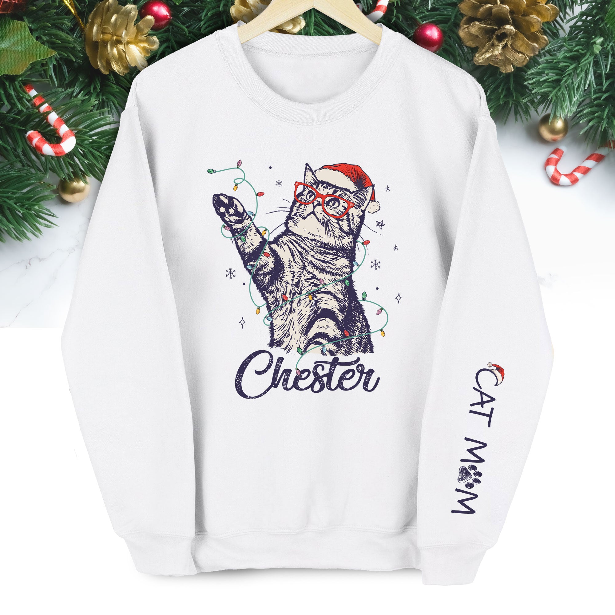 Custom Cat Christmas Sweatshirt, Personalized Pet Portrait Holiday Gift for Cat Moms