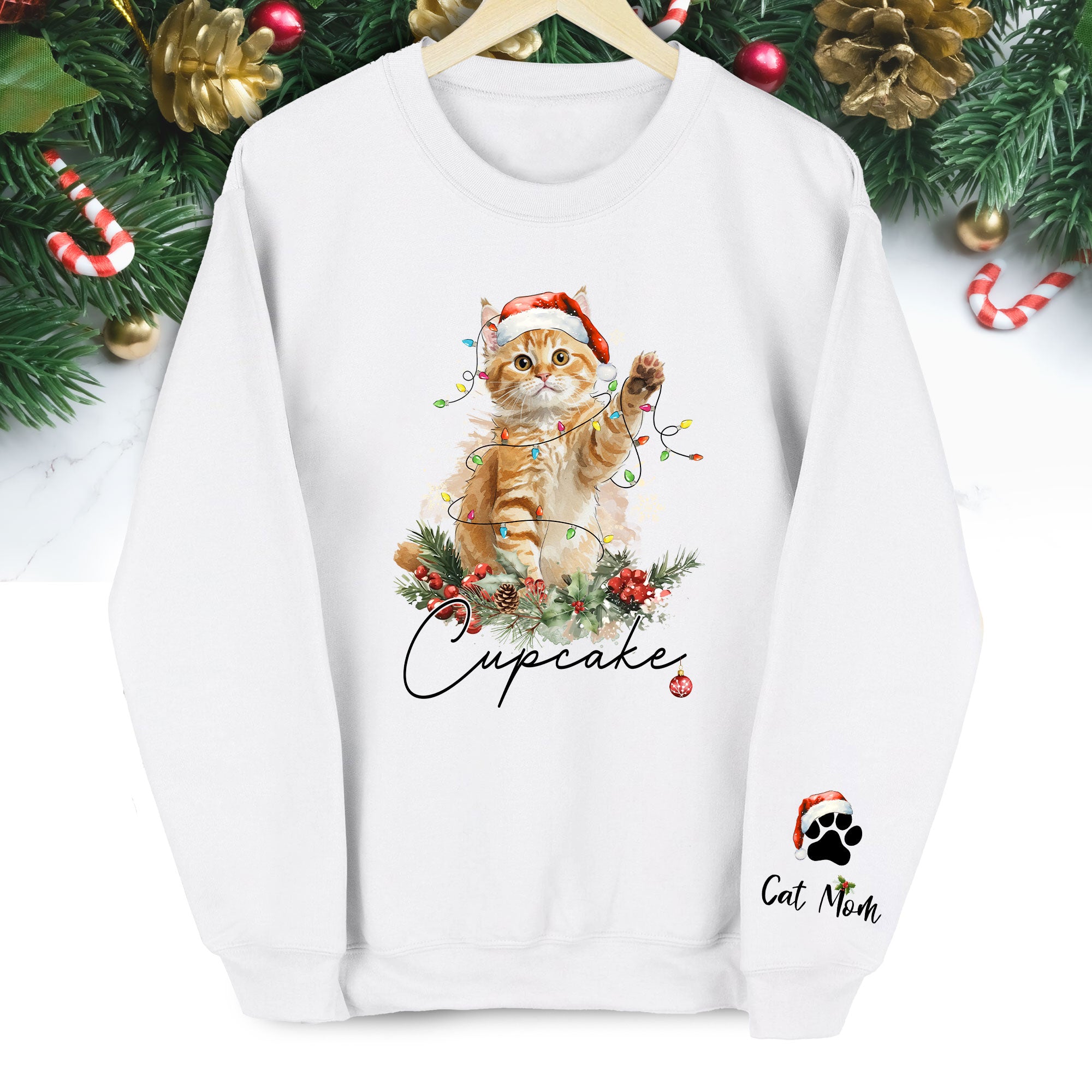 Custom Cat Christmas Sweatshirt – Personalized Holiday Pet Portrait Gift for Cat Moms