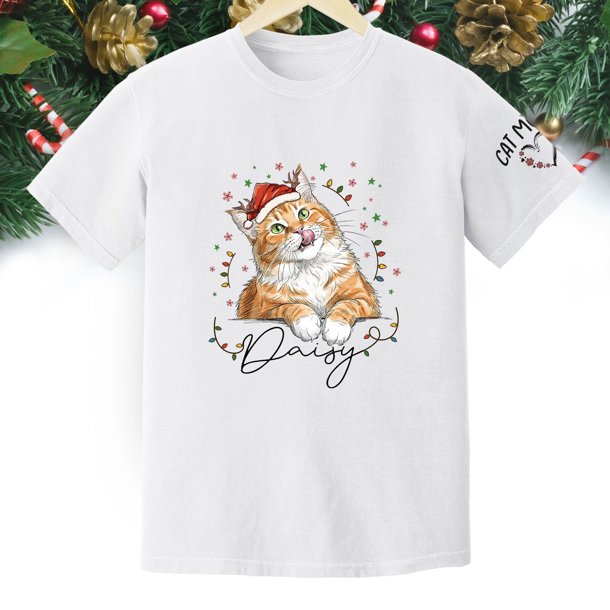 Christmas Cat T-Shirt – Custom Pet Photo Tee, Personalized Holiday Gift for Cat Lovers