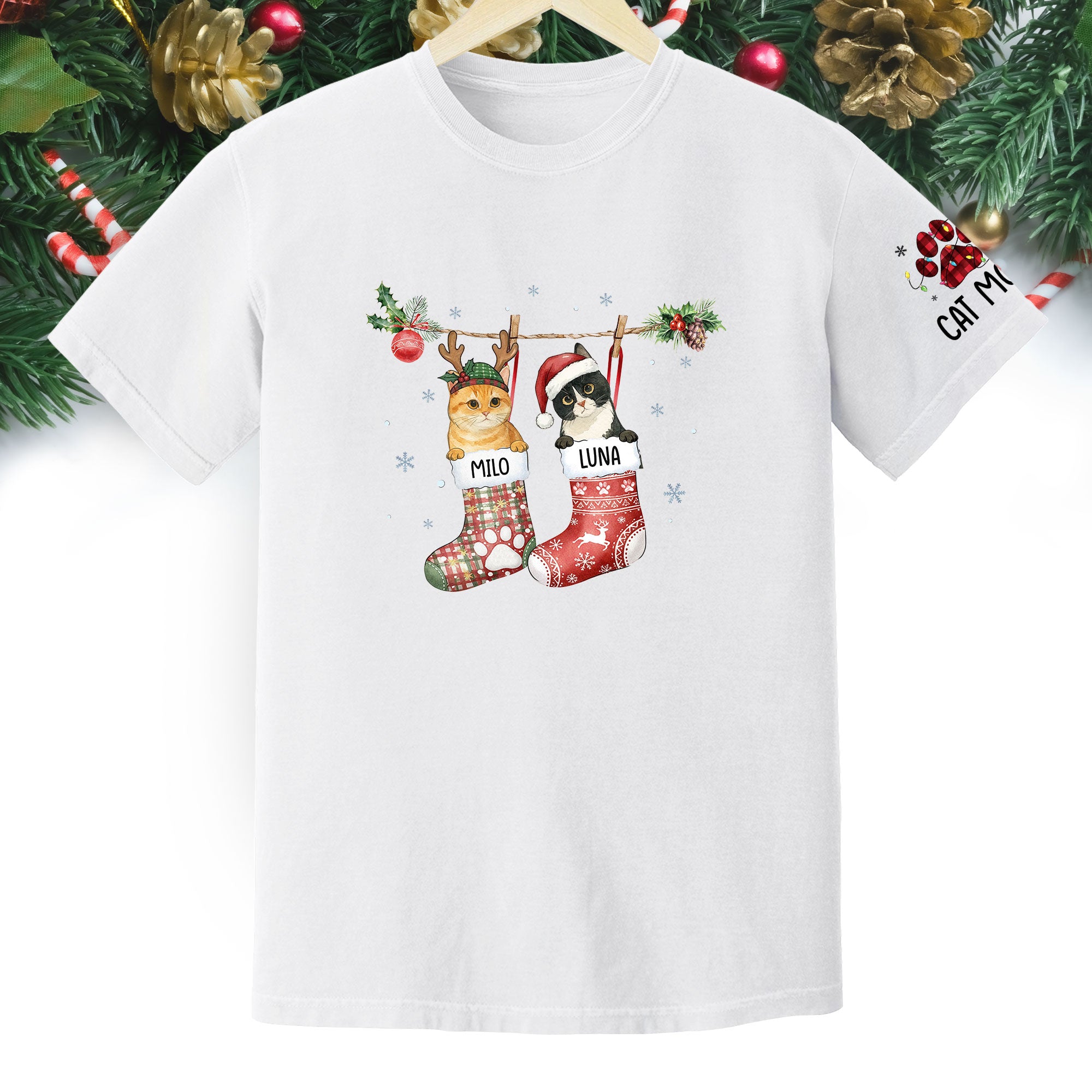 Personalized Cat Photo Christmas T-Shirt – Custom Pet Lover Gift for Cat Mom, Holiday Tee