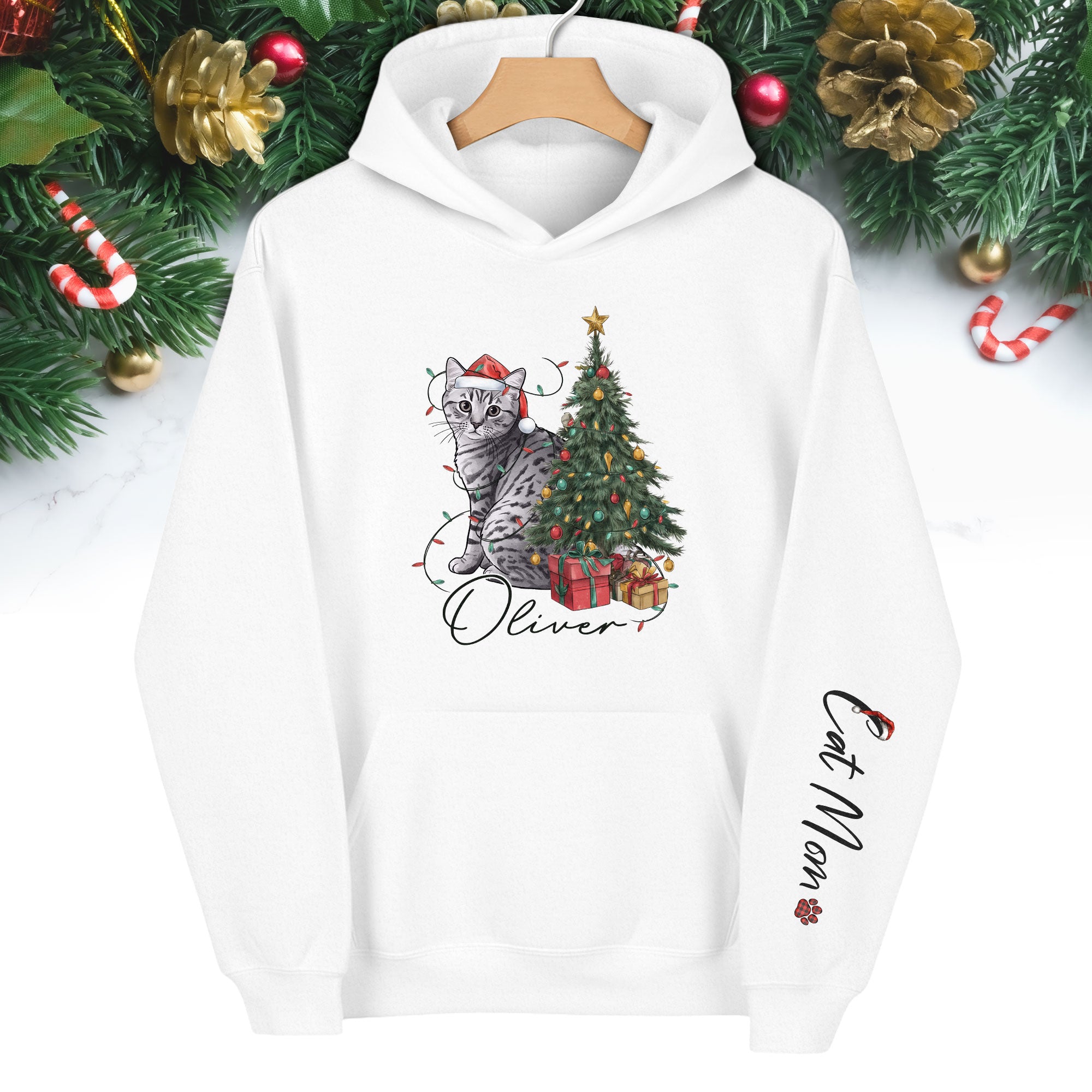 Personalized Cat Mom Christmas Hoodie – Custom Pet Photo Hoodie with Cat Name, Holiday Gift for Cat Lovers