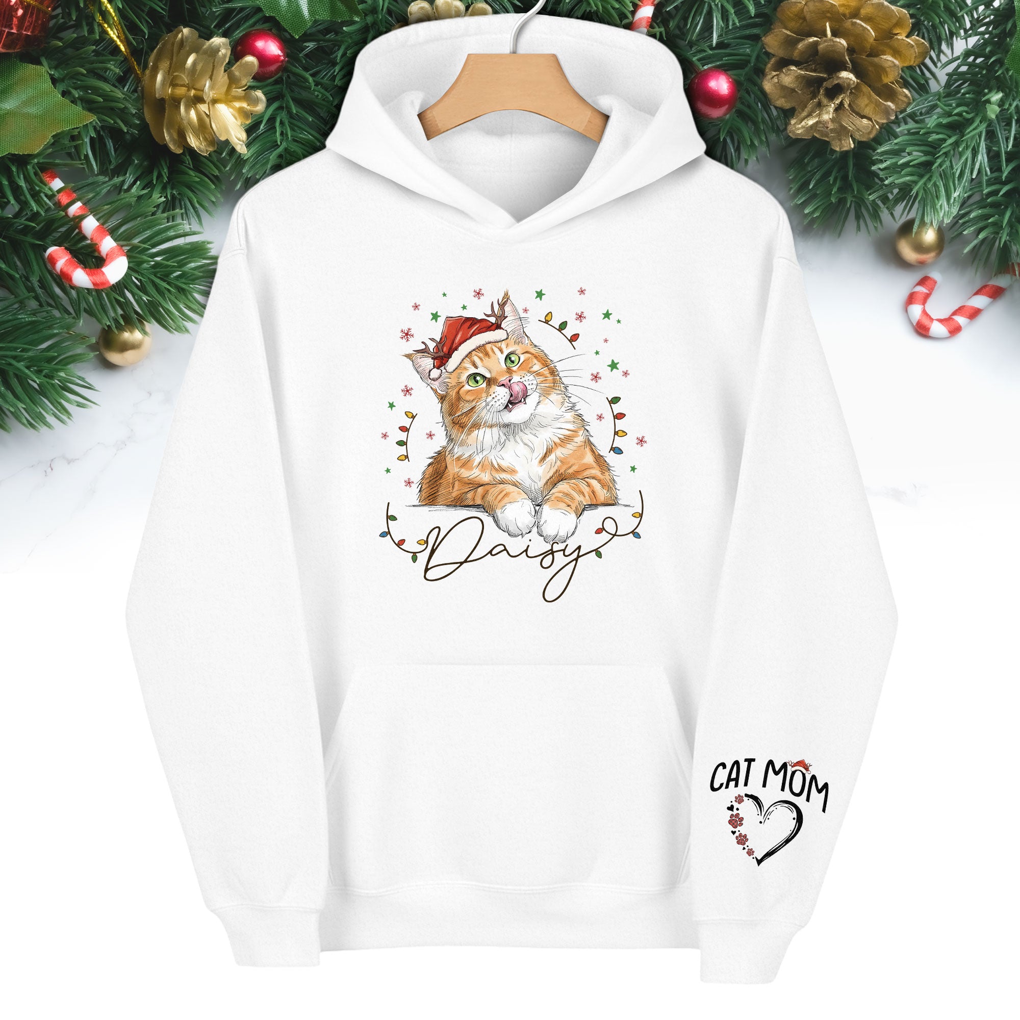 Personalized Cat Mom Christmas Hoodie – Custom Cat Photo Hoodie with Pet Name, Cute Holiday Gift for Cat Lovers