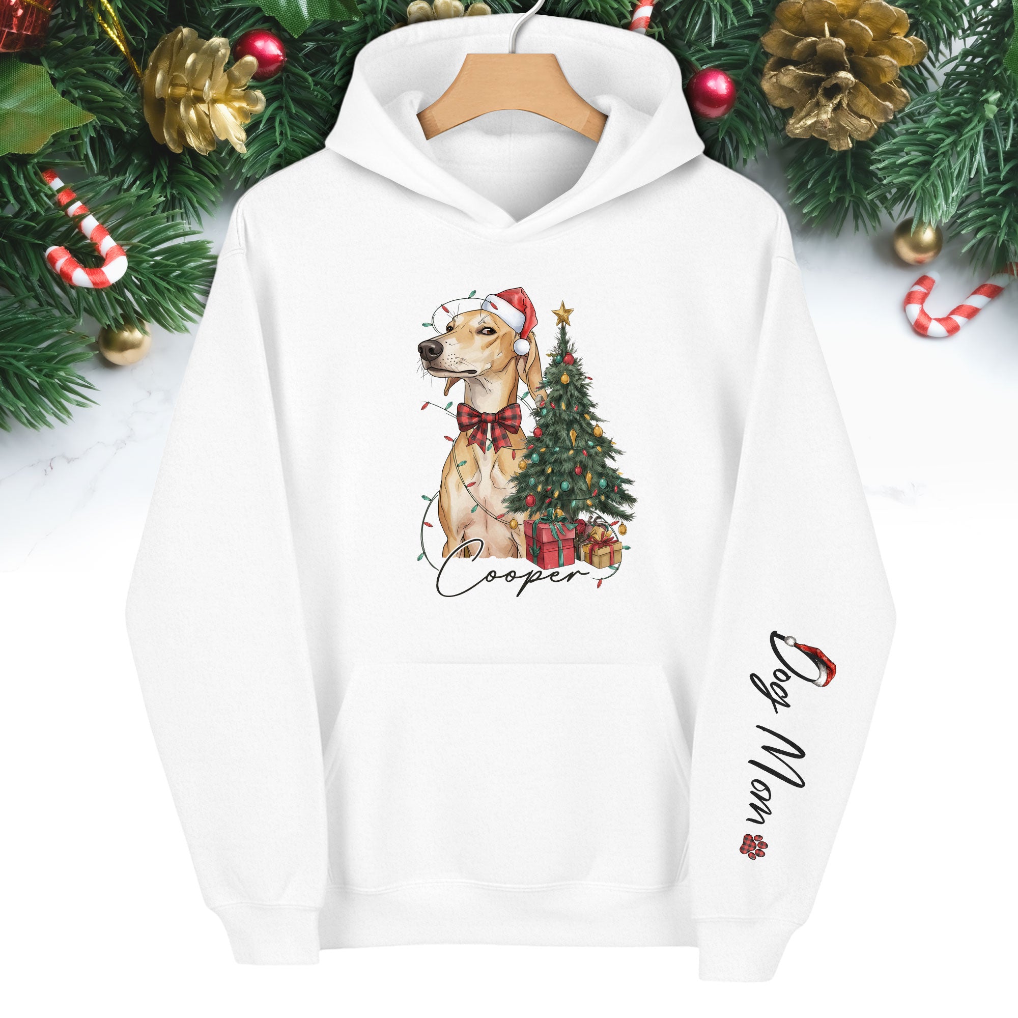 Personalized Dog Mom Christmas Hoodie, Custom Dog Photo Hoodie with Pet Name, Holiday Gift for Pet Lovers