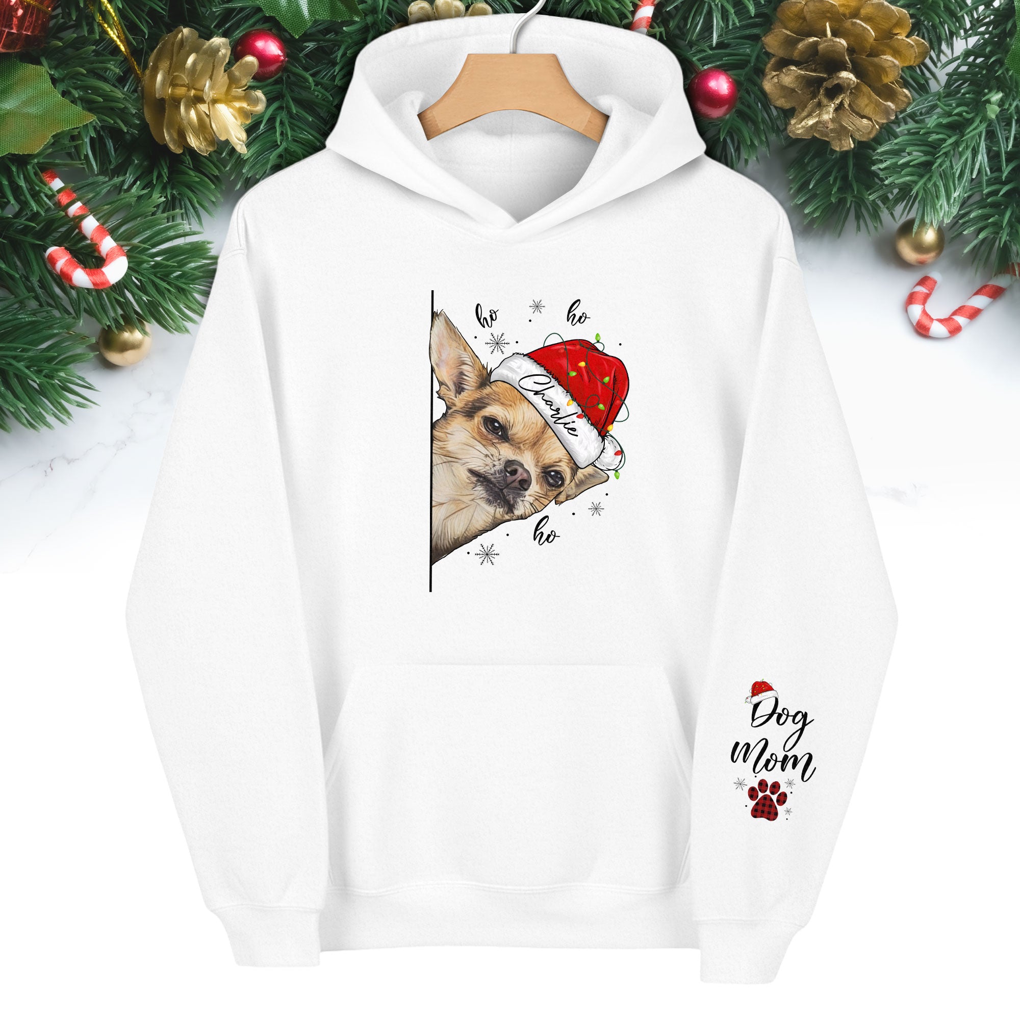 Custom Dog Mom Christmas Hoodie – Personalized Dog Photo Hoodie with Pet Name, Funny Holiday Gift for Dog Lovers