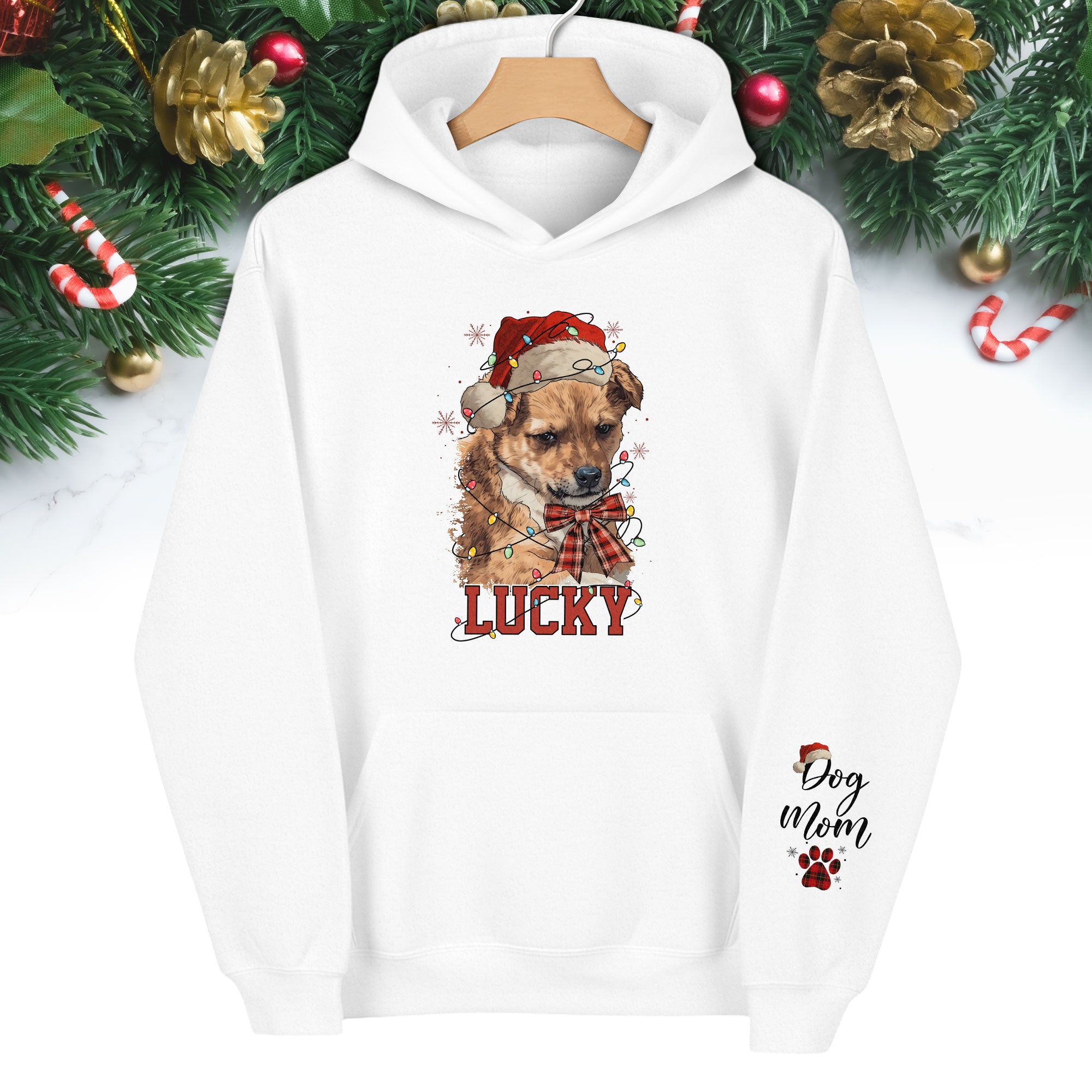 Personalized Dog Mom Christmas Hoodie – Custom Dog Photo Hoodie with Pet Name, Holiday Gift for Pet Lovers