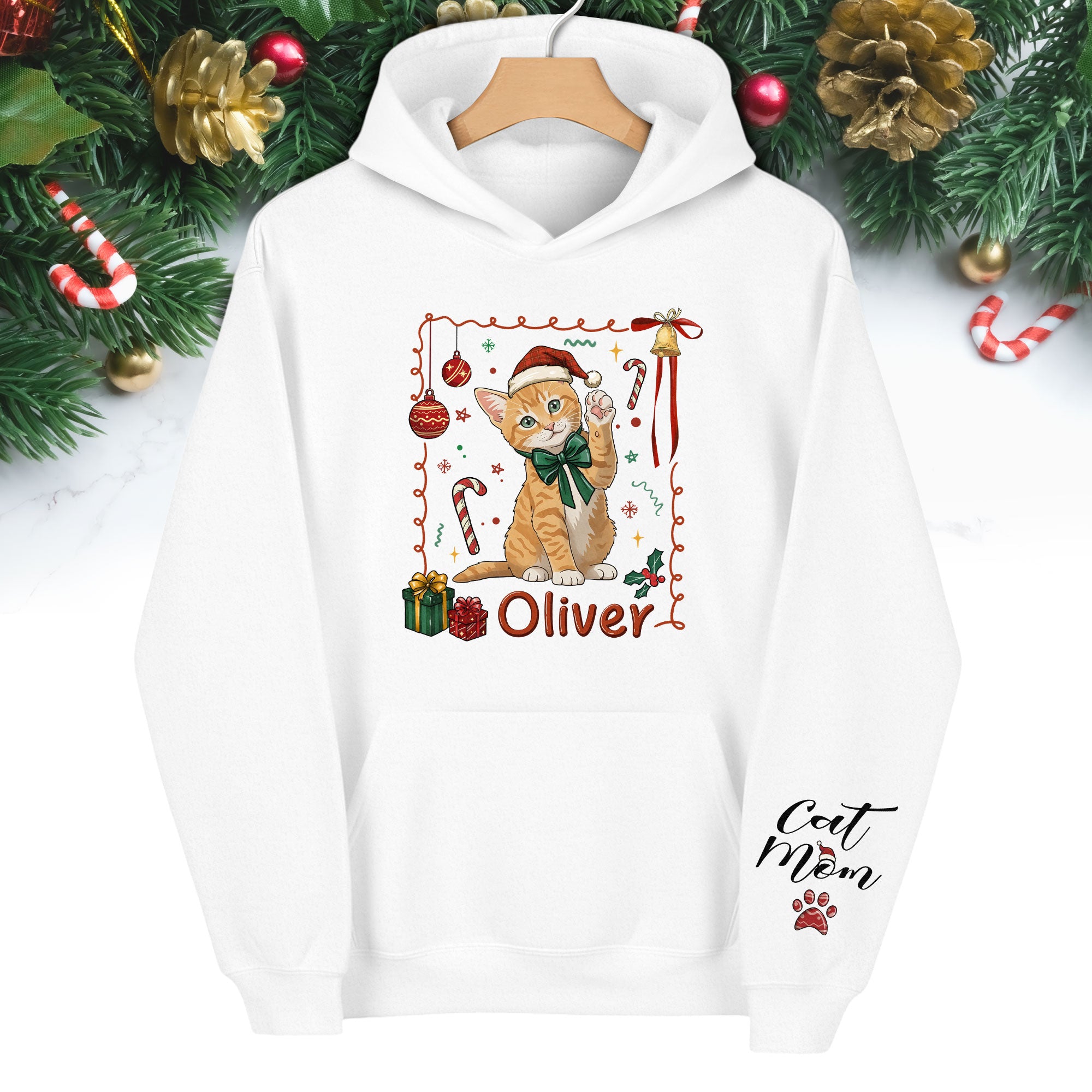 Custom Cat Christmas Hoodie – Personalized Pet Portrait Gift for Cat Moms