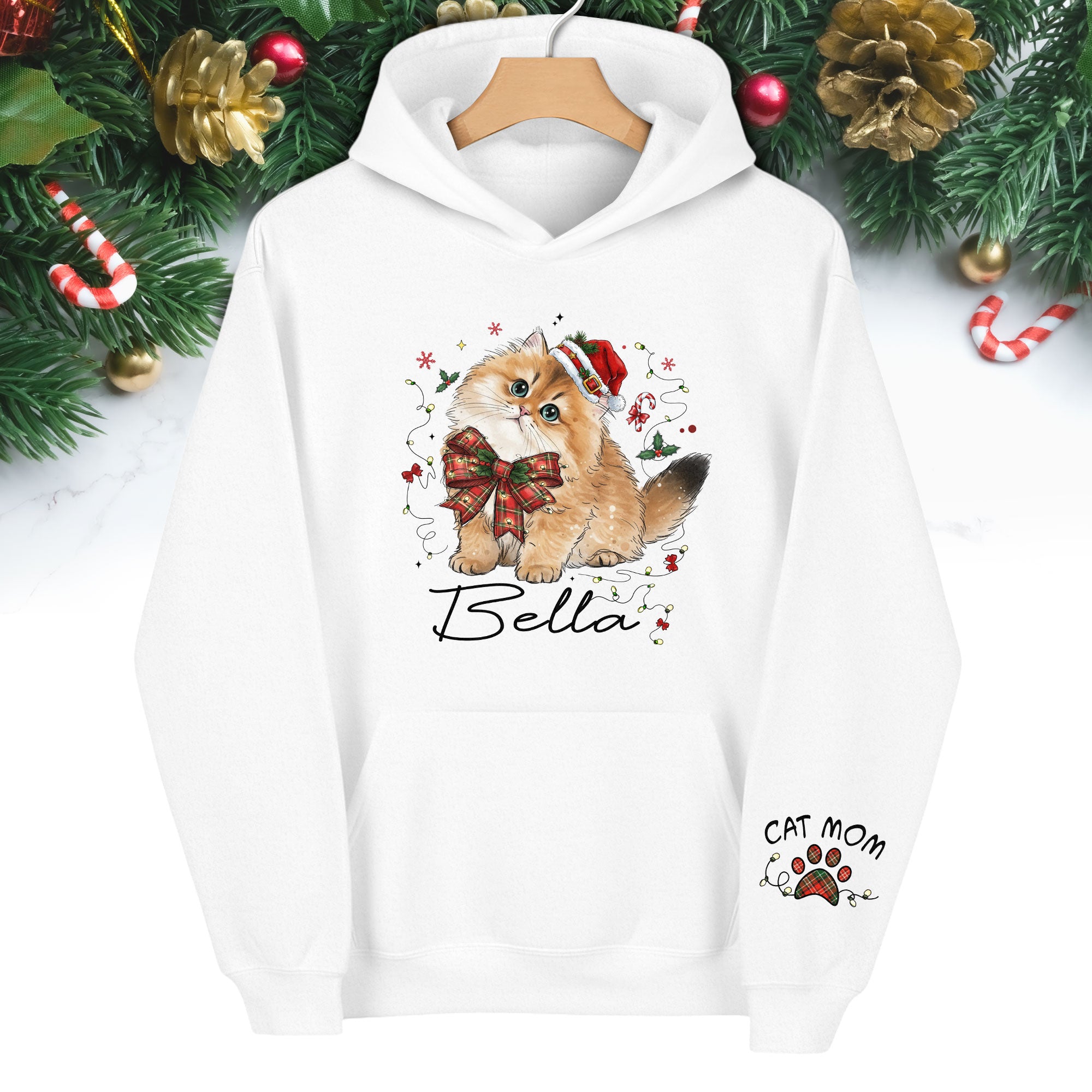Personalized Cat Portrait Christmas Hoodie – Custom Pet Photo Gift for Cat Moms