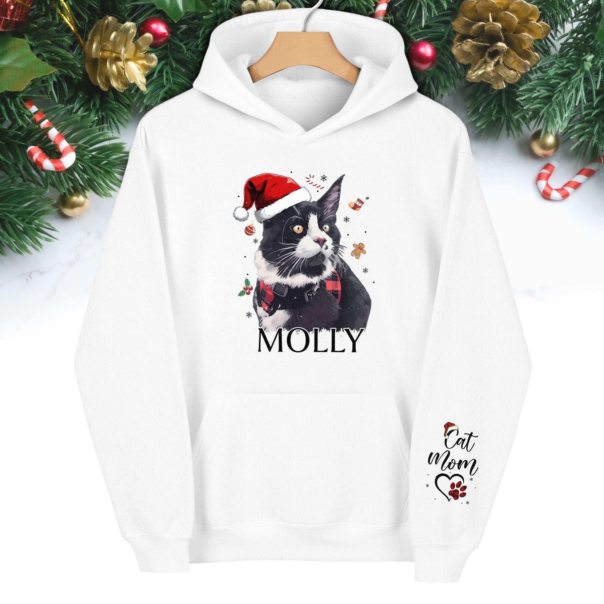 Custom Cat Photo Hoodie – Personalized Holiday Hoodie with Cat Design for Cat Moms