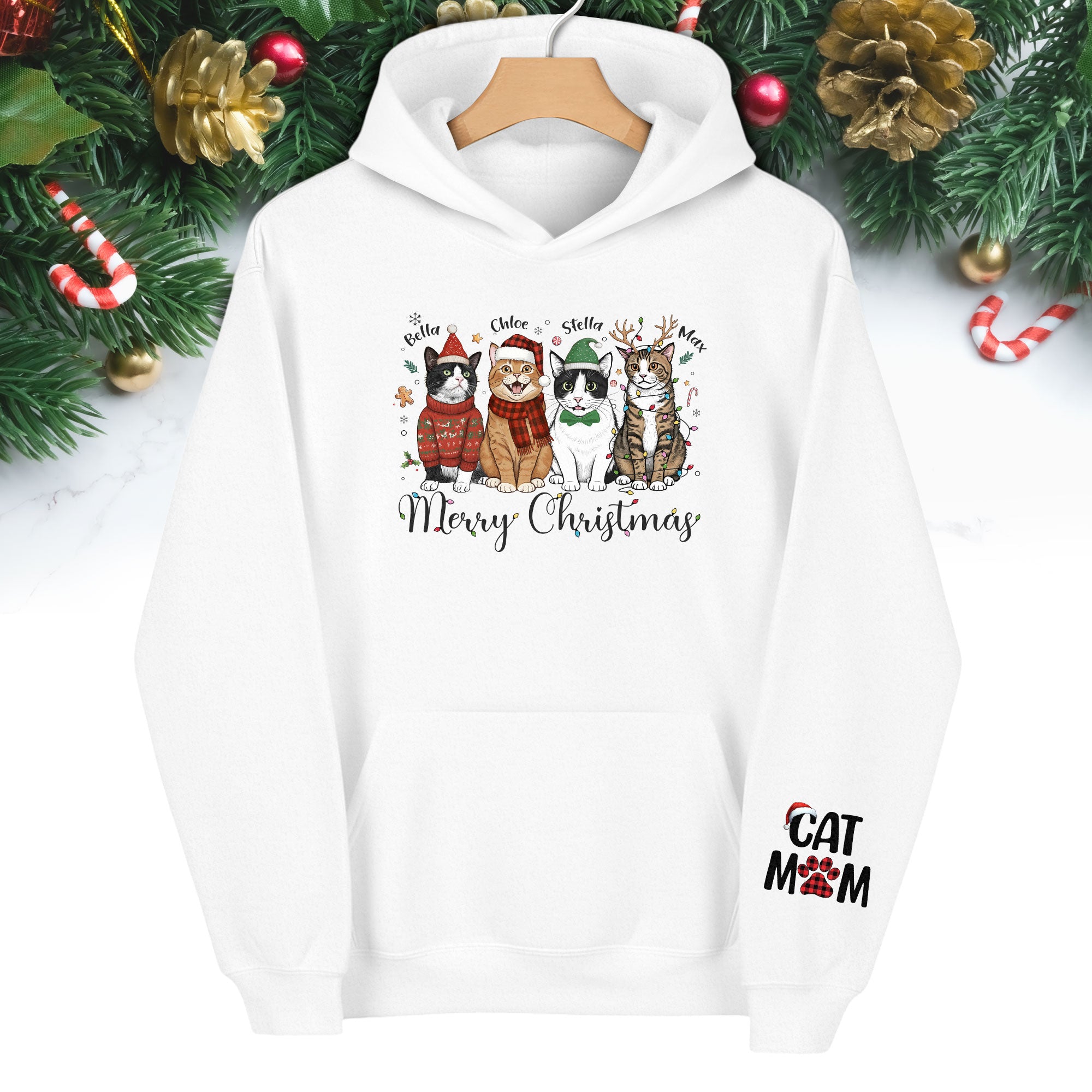 Custom Pet Christmas Hoodie – Personalized Cat Photo Hoodie for Pet Moms