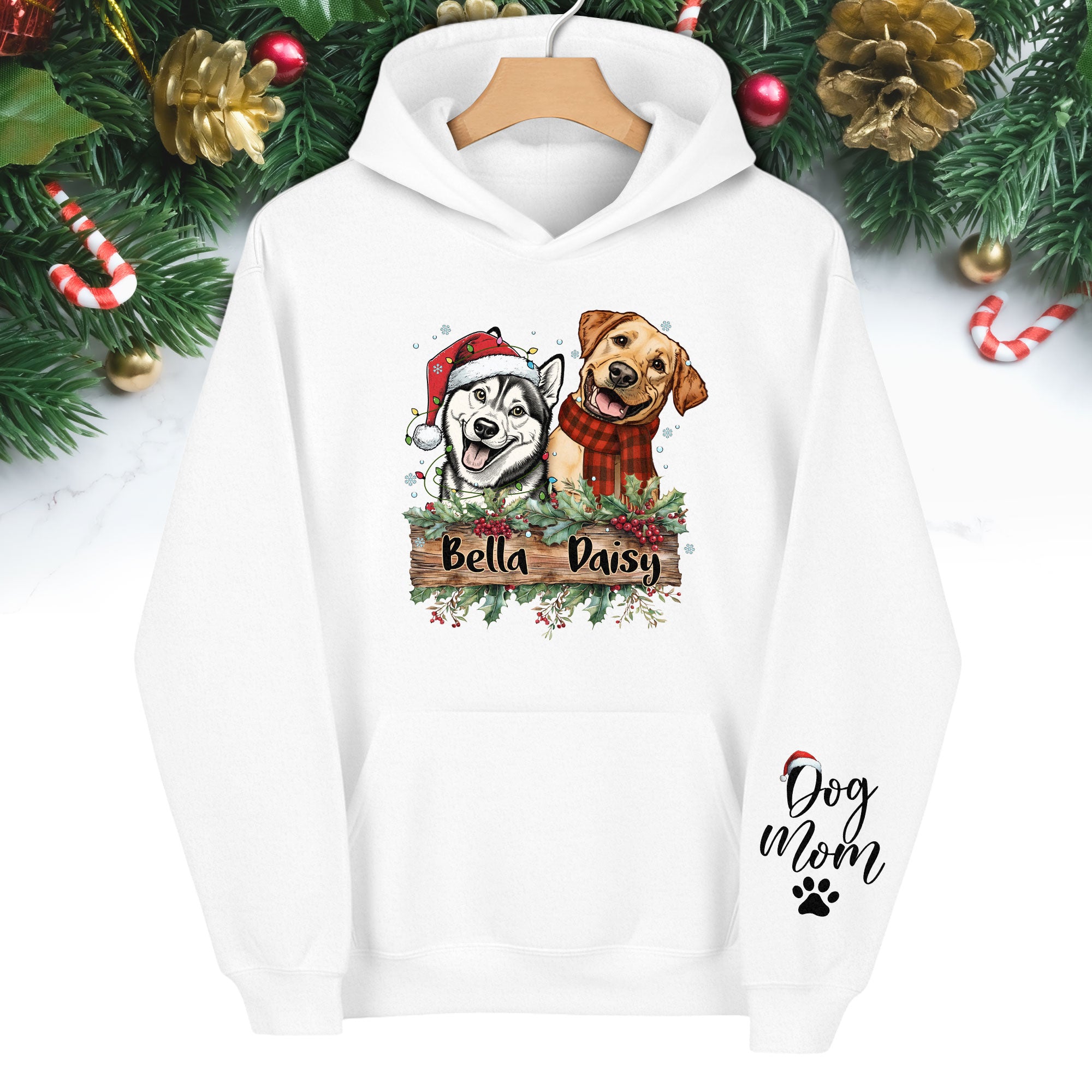Dog Mom Christmas Hoodie – Custom Pet Photo Hoodie, Personalized Holiday Gift for Dog Mom