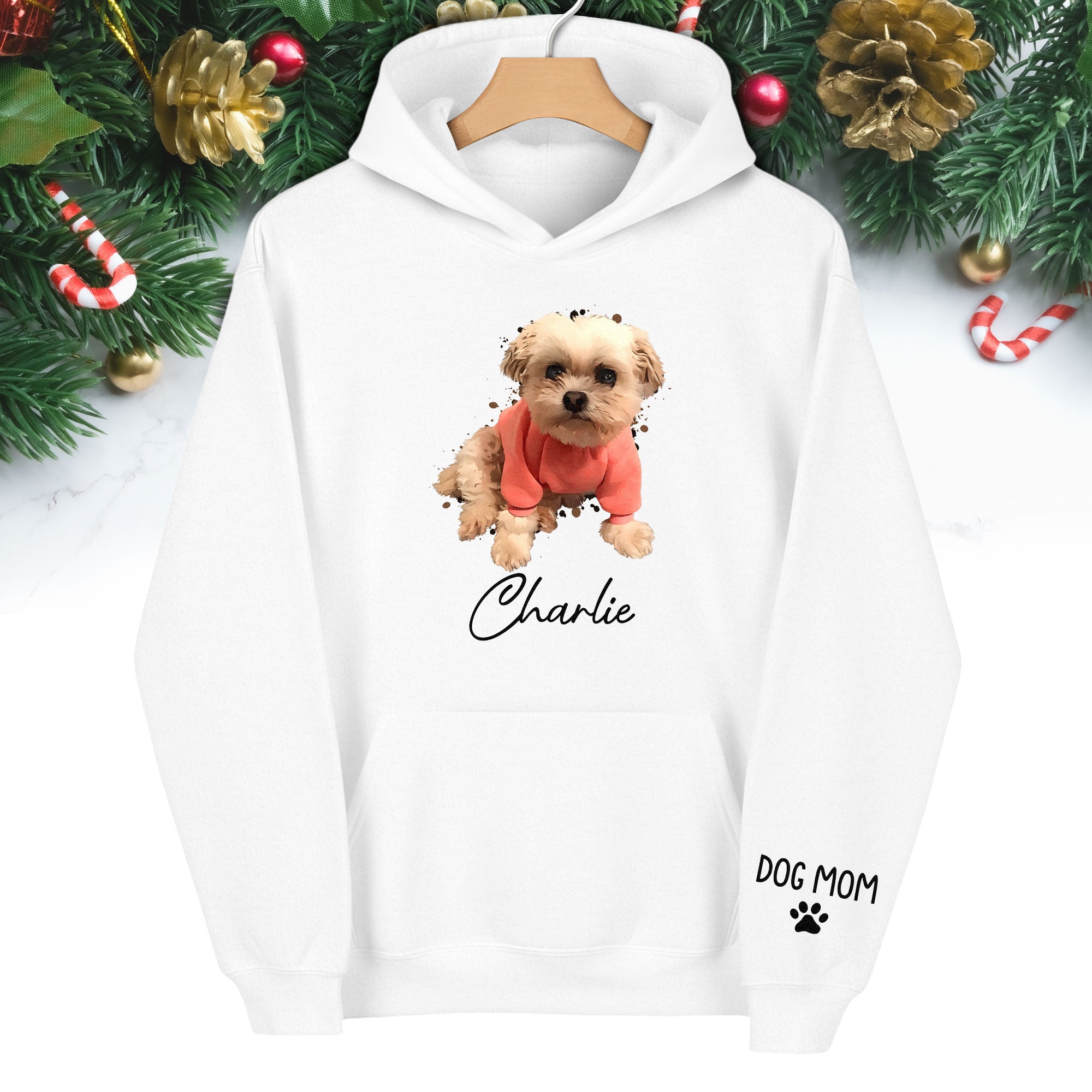 Personalized Dog Mom Hoodie – Custom Dog Photo Hoodie with Pet Name, Unique Holiday Gift for Pet Lovers