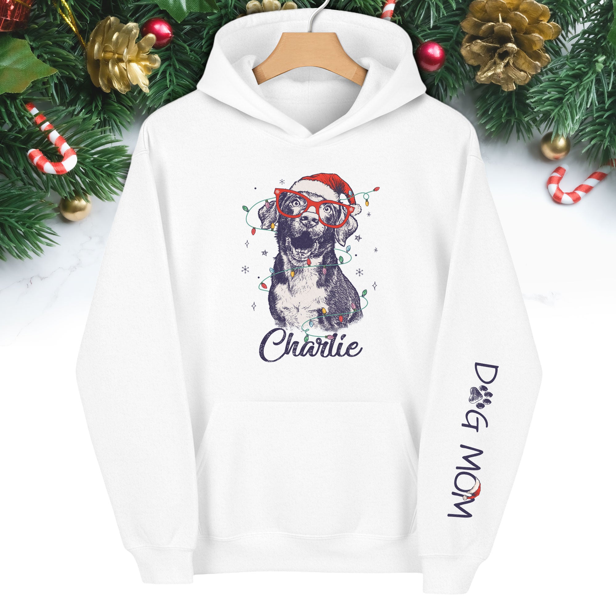 Personalized Dog Mom Hoodie – Custom Dog Photo Hoodie with Holiday Design