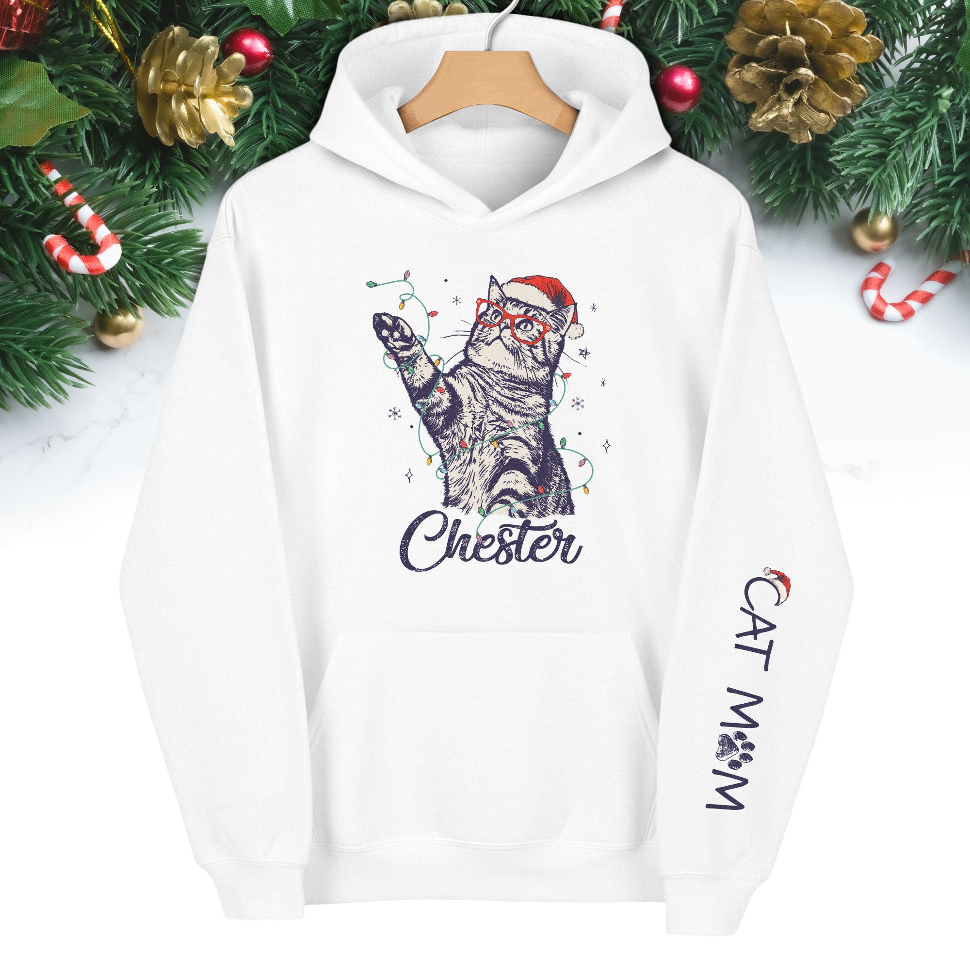 Christmas Cat Mom Hoodie – Personalized Cat Photo Hoodie, Custom Holiday Gift for Women