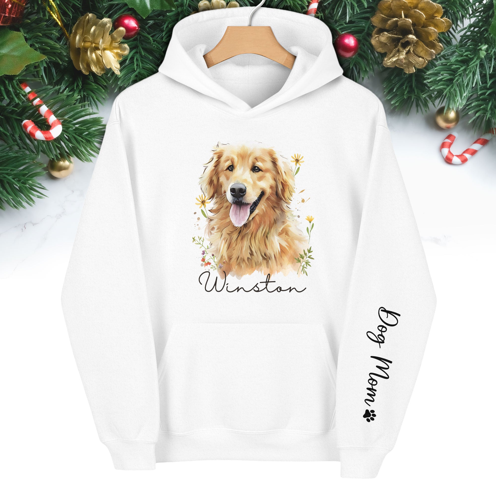 Custom Pet Photo Hoodie – Personalized Dog Portrait with Floral Design, Dog Mom Gift
