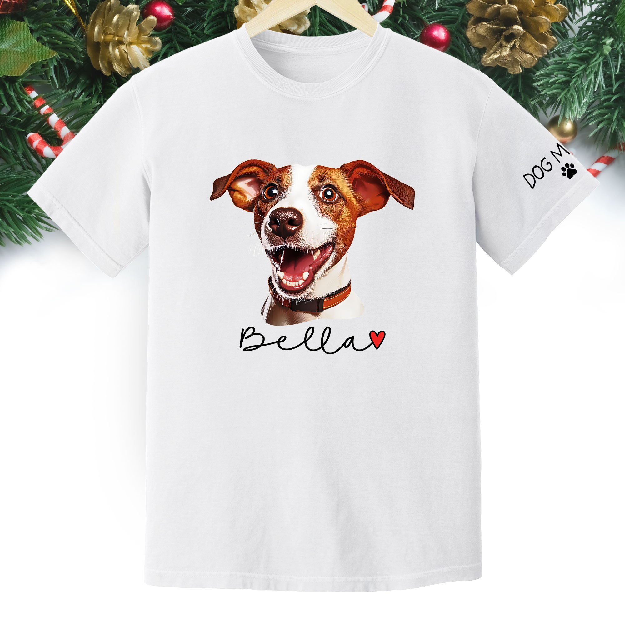 Dog Mom Christmas Shirt – Custom Pet Portrait Tee, Personalized Holiday Gift for Women