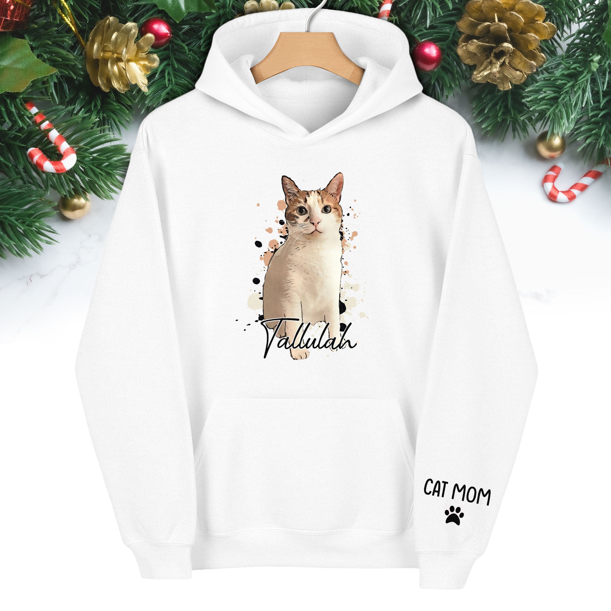 Personalized Cat Mom Hoodie – Custom Cat Photo Hoodie with Pet Name, Unique Holiday Gift for Cat Lovers