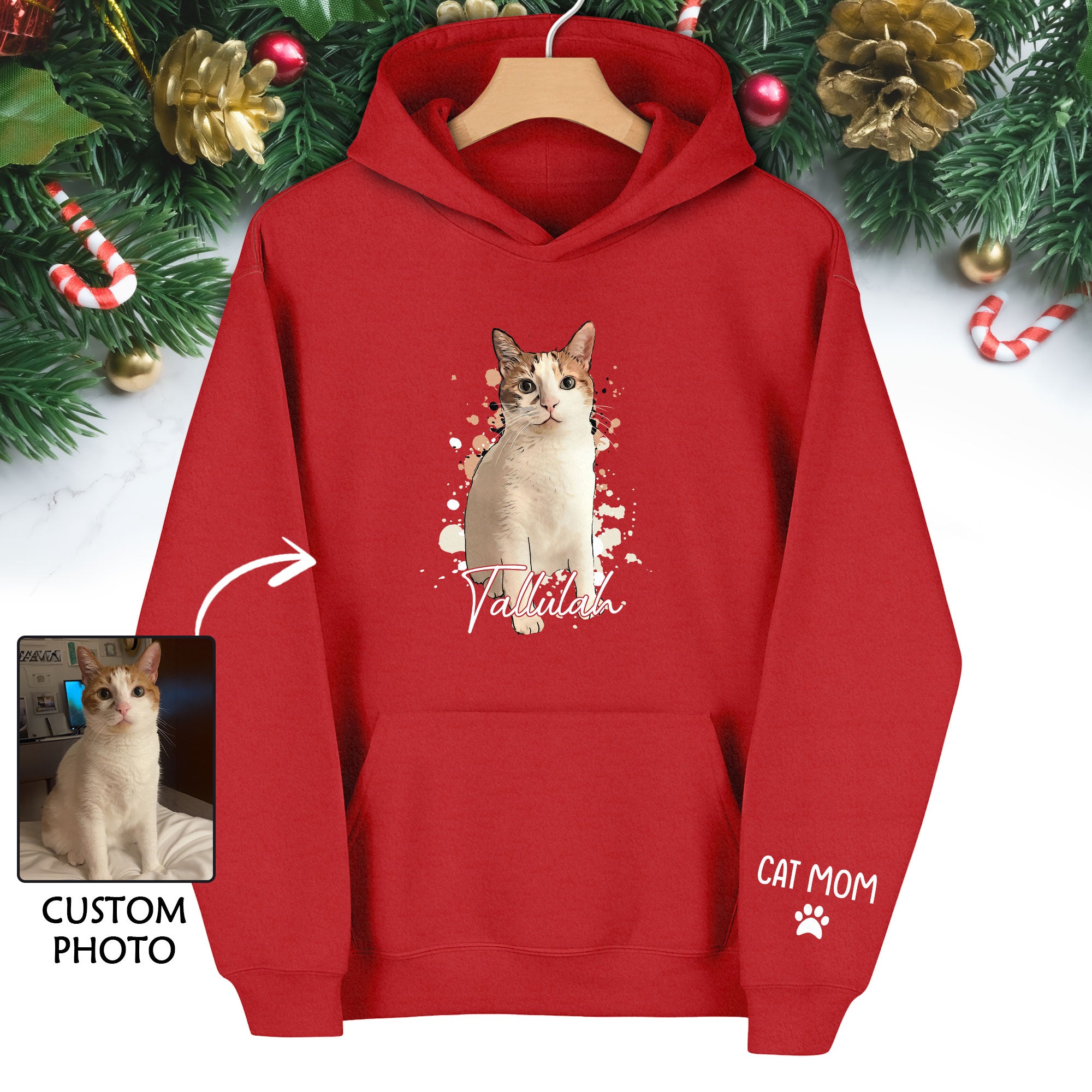 Personalized Cat Mom Hoodie – Custom Cat Photo Hoodie with Pet Name, Unique Holiday Gift for Cat Lovers
